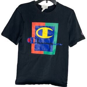 Champion T Shirt Women Size S Black Colorful Logo Short Sleeve Crew Neck Retro